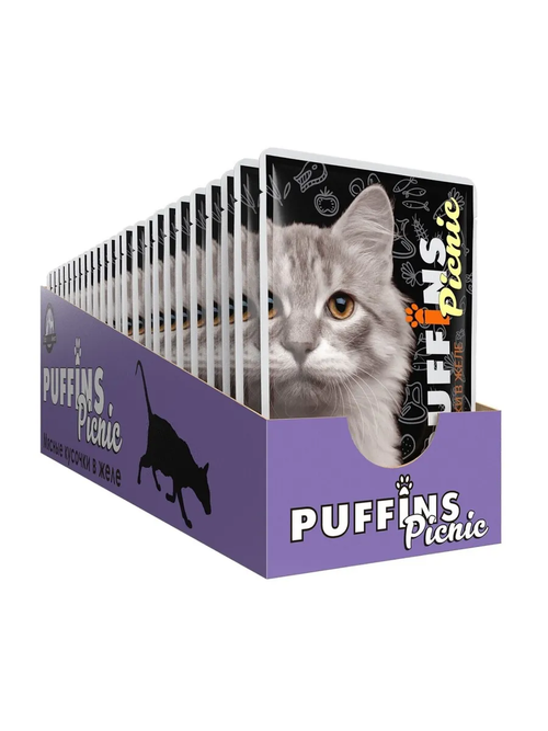 Puffins Picnic Влажный корм для кошек, телятина печень в желе, 26 шт x 85 г