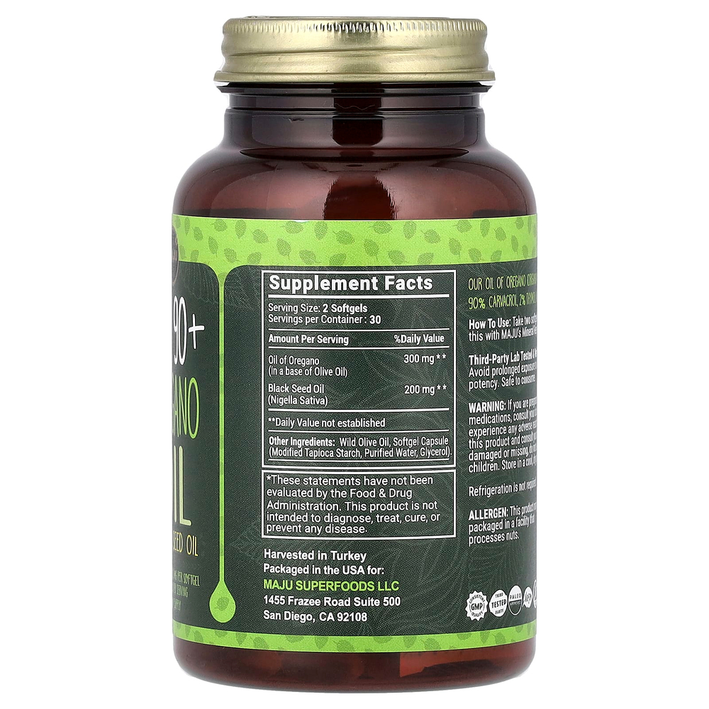 Maju Superfoods, CV 90+, масло орегано и масло черного тмина, 60 капсул