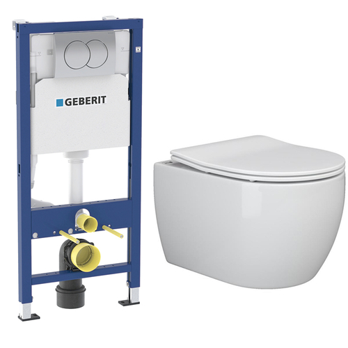 Комплект подвесной безободковый унитаз Ceramica Nova Play Rimless CN3001 37 x 49 x 34 см с сиденьем Soft Close + инсталляция Geberit Delta 458.149.21.1 с кнопкой, хром глянцевый