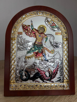 Георгий Победоносец, икона арочная, красное дерево, эмаль 206х275