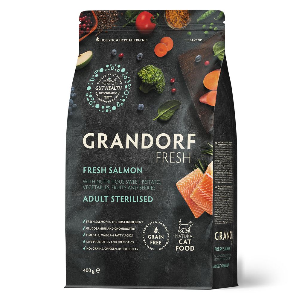 Беззерновой корм с живыми пробиотиками GRANDORF Fresh Cat STERILISED Salmon&amp;Sweet Potato Свежее филе лосося с бататом для стерилизованных кошек 400 г