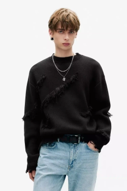 PULL&BEAR Рваный свитер с бахромой, черный