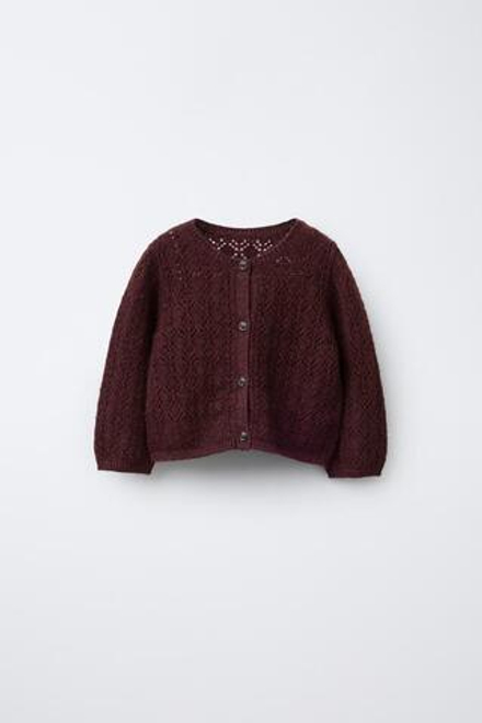 ZARA ВЯЗАНЫЙ АЖУРНЫЙ КАРДИГАН С КАШЕМИРОМ, БАКЛАЖАННЫЙ