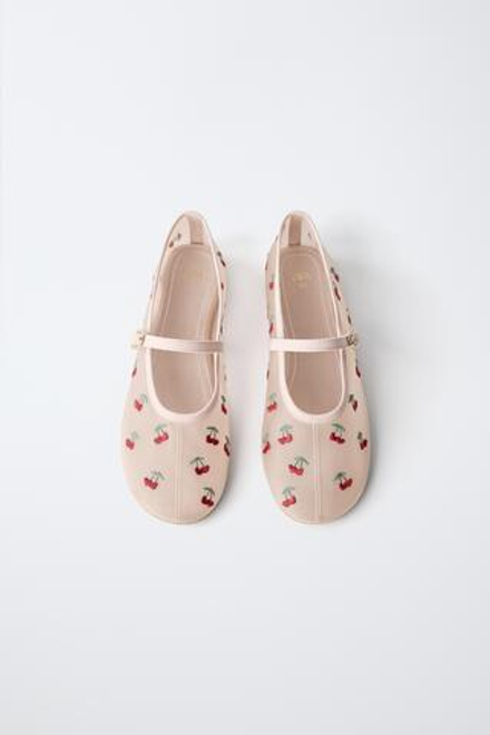 ZARA БАЛЕТКИ С ВЫШИВКОЙ ВИШНИ, РОЗОВЫЙ