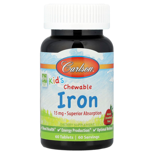 Carlson, Детские жевательные таблетки с железом, натуральный клубничный ароматизатор, 15 мг, 60 таблеток