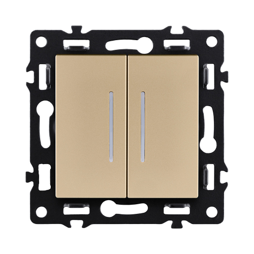 Выключатель 2-клавишный проходной 10А/250В с LED подсветкой, золотой Kollinger Asthetik AS-011GD