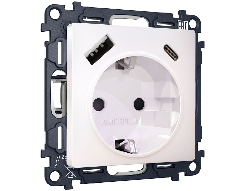 MA210010 Комплект механизма электрической розетки ALFA Жемчуг 2USB A+C 20W (быстрая зарядка) с/з QUANT (AP2100, VM160)