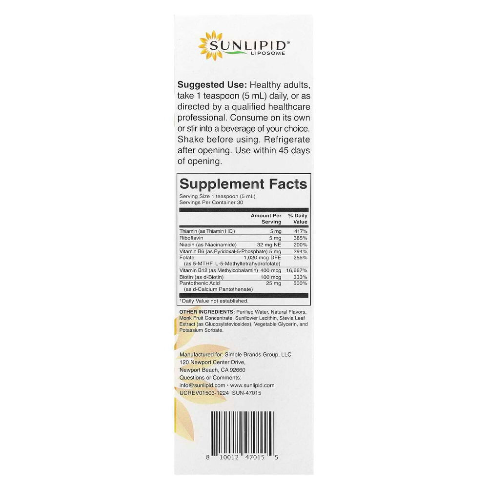 Sunlipid, липосомальный комплекс витаминов группы B, 150 мл (5,07 жидк. унции)