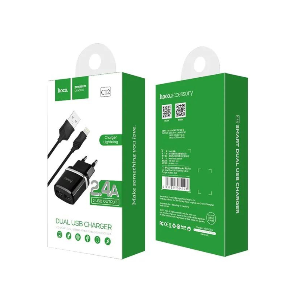 Сетевое зарядное устройство Hoco C12 Smart 2xUSB, 2.4А + USB кабель Lightning, 1м