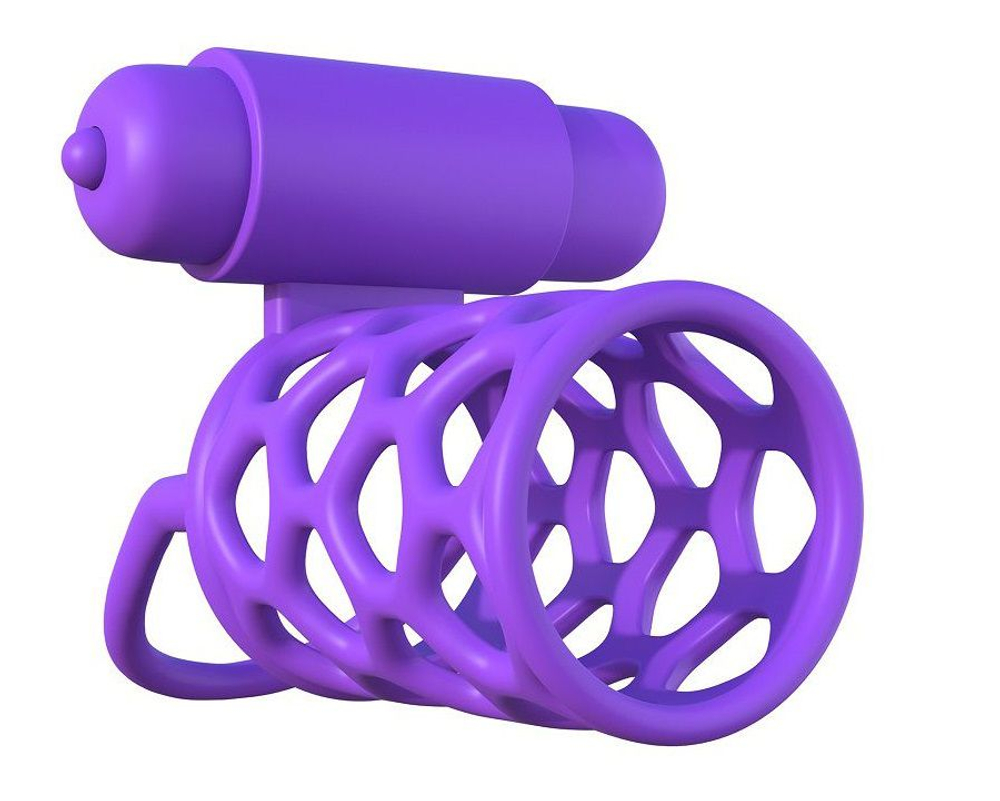 Фиолетовая насадка с подхватом мошонки и вибропулей (Цвет: фиолетовый)
