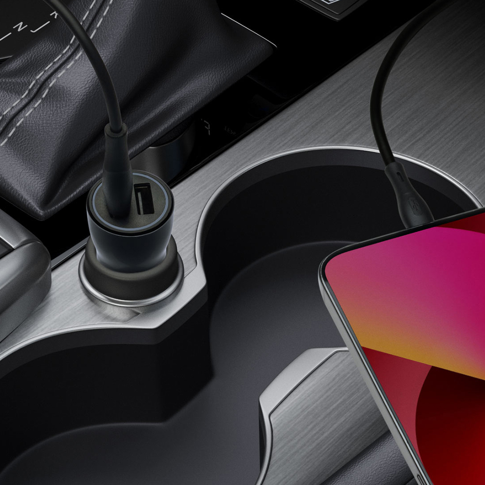 Автомобильное зарядное устройство 2хUSB, 12Вт, 2.4А кабель USB - Lightning, черный