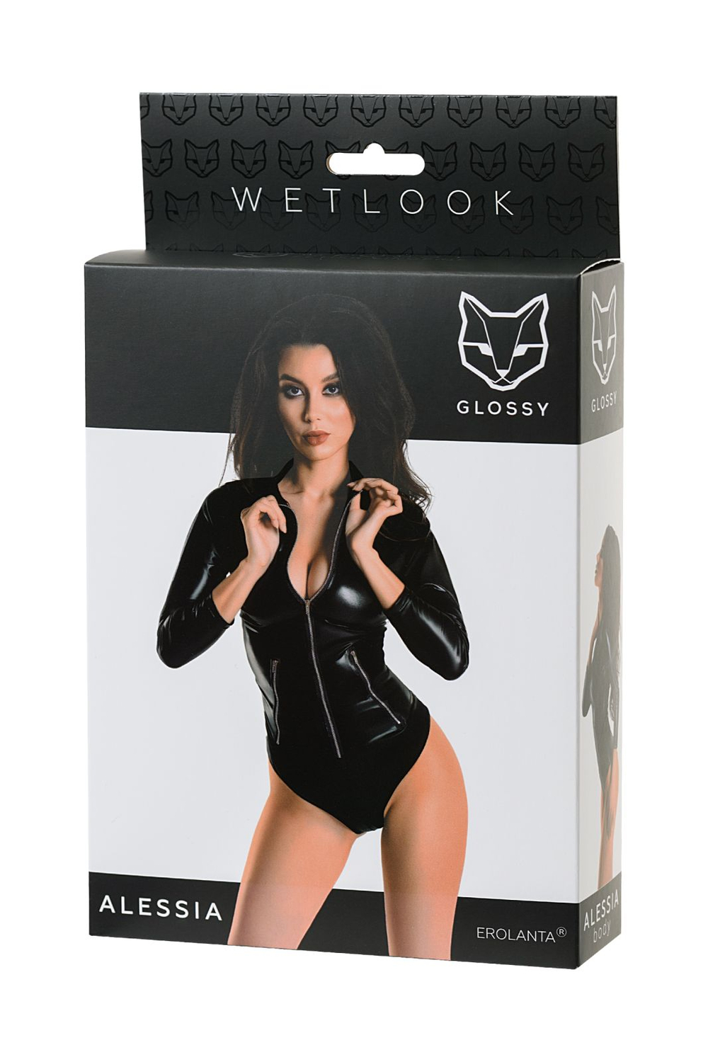 Glossy Alessia - Боди из материала Wetlook на молнии, черное, M