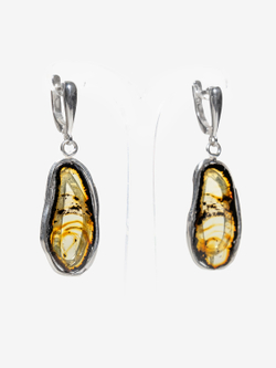 Уникальные серебряные серьги с цельным пейзажным янтарем, серебро 925 пробы