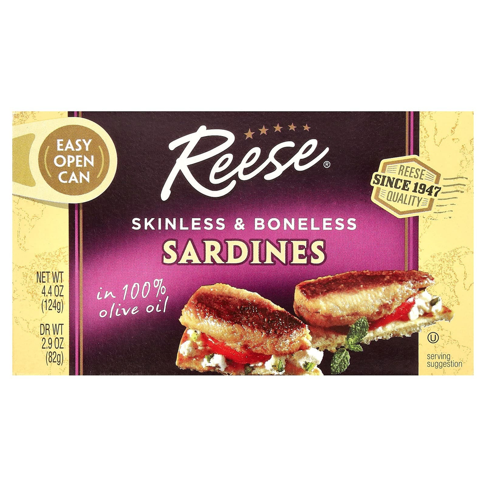 Reese, сардины без кожи и костей, в 100% оливковом масле, 124 г (4,4 унции)