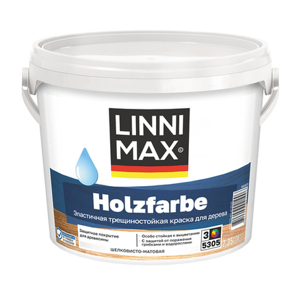 Краска по дереву Linnimax Holzfarbe, шелковисто-матовая, база 3, бесцветная, 2,35 л