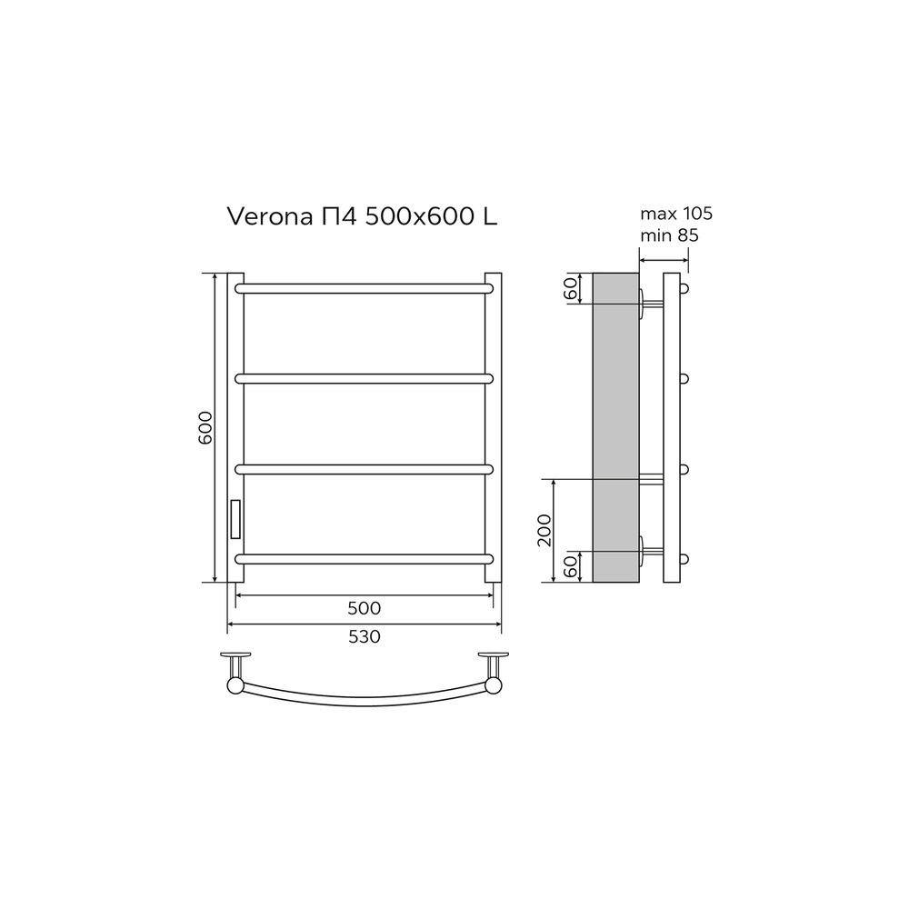 Полотенцесушитель электрический AZARIO VERONA 500/600 4 секции, диммер слева, белый