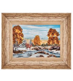 AMB-01/34 Картина «Олени на речной переправе» (с янтарной крошкой) пласт.рамка 33х42см