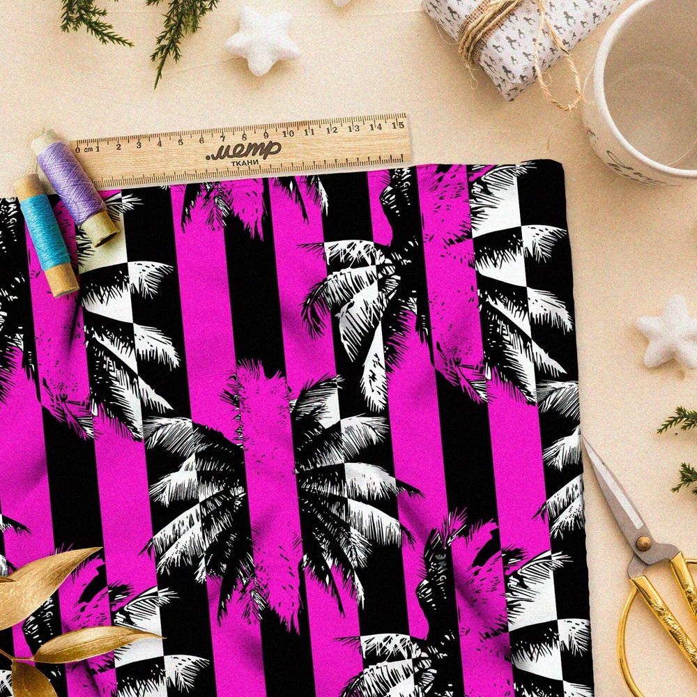 Ткань блэкаут пальмы в чёрно-розовую полоску