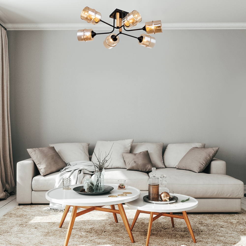 Потолочный светильник 6x60Вт E27,  металл/стекло/дерево, черный/прозрачный плафон