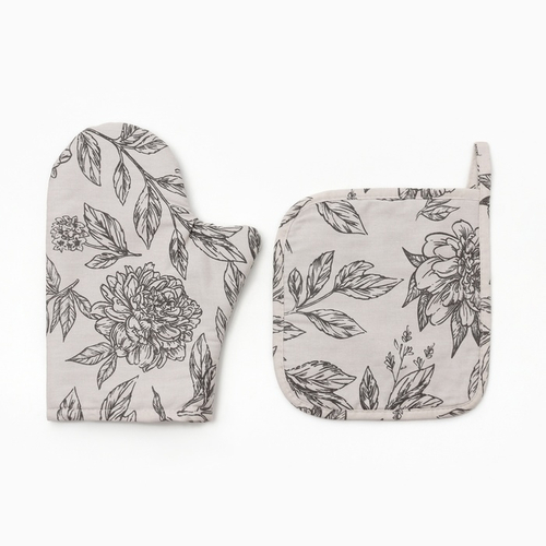 Набор кухонный «Этель» Black flowers: варежка-прихватка, прихватка, 100% хлопок, саржа 190 г/м²