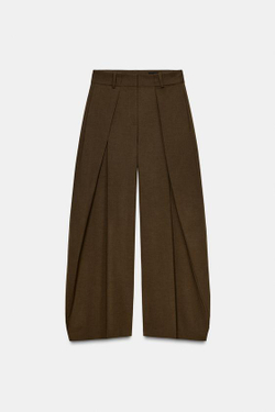 ZARA ОБЪЕМНЫЕ БРЮКИ С ЗАЩИПАМИ — ZW COLLECTION, ОЛИВКОВЫЙ