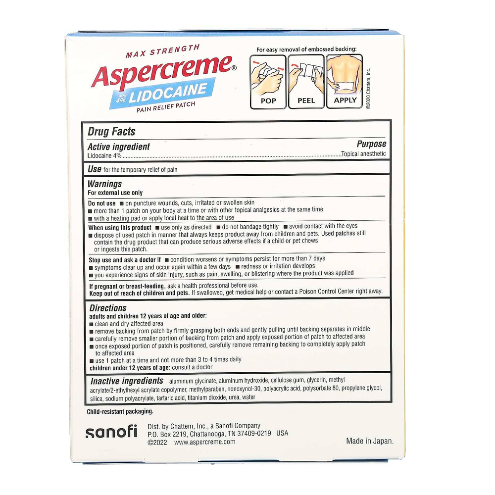 Aspercreme, обезболивающий патч, с 4% лидокаином, максимальная сила действия, размер XL, без отдушек, 3 шт.