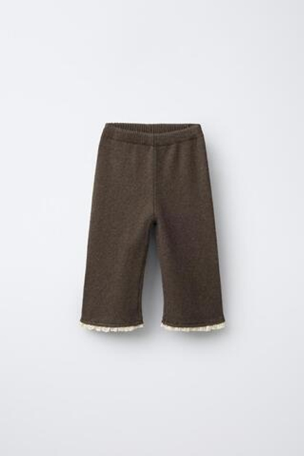 ZARA ТРИКОТАЖНЫЕ БРЮКИ-КЮЛОТЫ С КРУЖЕВОМ, СЕРОВАТО-КОРИЧНЕВЫЙ