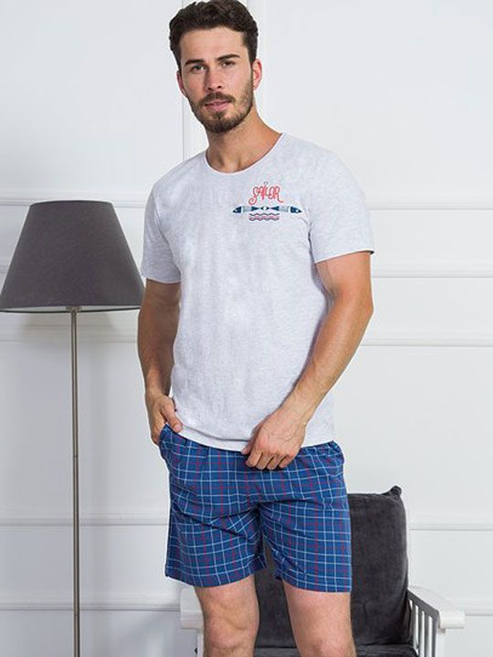 Мужской домашний комплект с синими клетчатыми шортами (Размер: M) (Цвет: темно-синий)