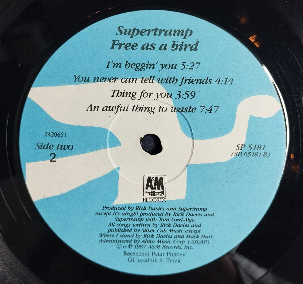 Винтажная виниловая пластинка LP Supertramp Free As A Bird (Югославия 1987)