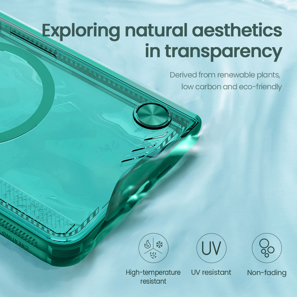 Чехол прозрачный зеленого цвета от Nillkin с металлической крышкой и поддержкой беспроводной зарядки MagSafe на OPPO Find N5, серия Iceblade Fold Magnetic