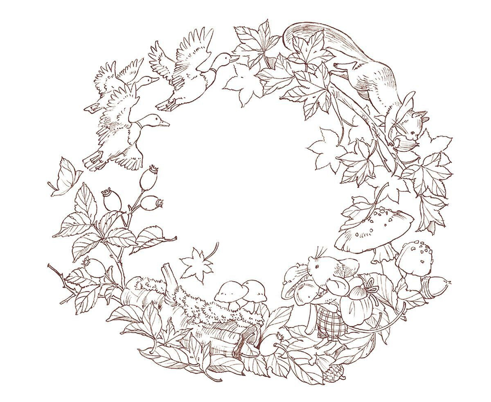 Seasonal Wreaths of plants and friends. Coloring Book