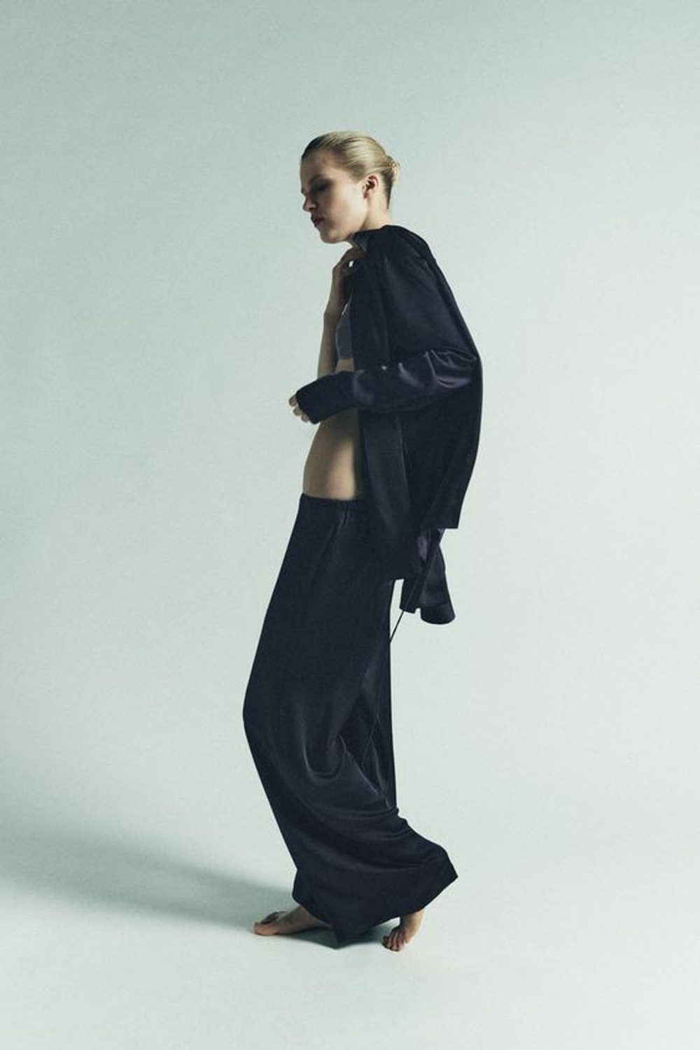 ZARA АТЛАСНЫЕ БРЮКИ С ВЫСОКОЙ ПОСАДКОЙ, МОРСКОЙ ЯРКО-СИНИЙ