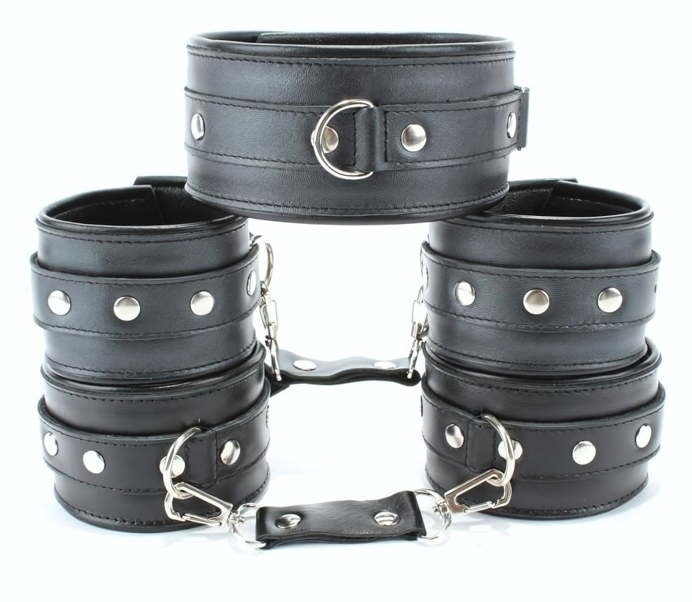 Набор БДСМ-аксессуаров из кожи: ошейник, наручники и оковы (Цвет: черный)