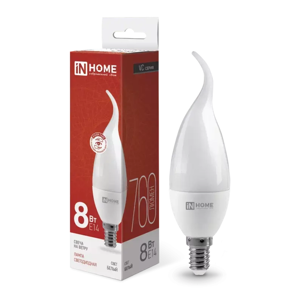 Лампа светодиодная LED-СВЕЧА НА ВЕТРУ-VC 8Вт 230В Е14 4000К БЕЛЫЙ СВЕТ 760Лм IN HOME