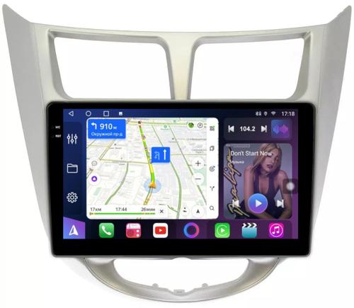 Магнитола для Hyundai Solaris 1 2010-2016 (рамка серебро) - FarCar S400-TS18 монитор 9.5" QLED на Android 14, CarPlay, 4G SIM-слот