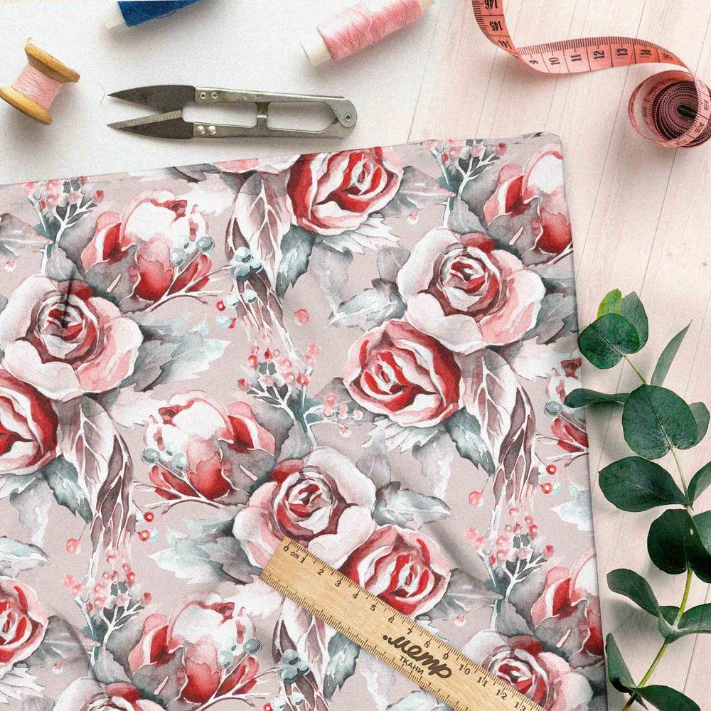 Ткань оксфорд 210 акварельные розы на сером