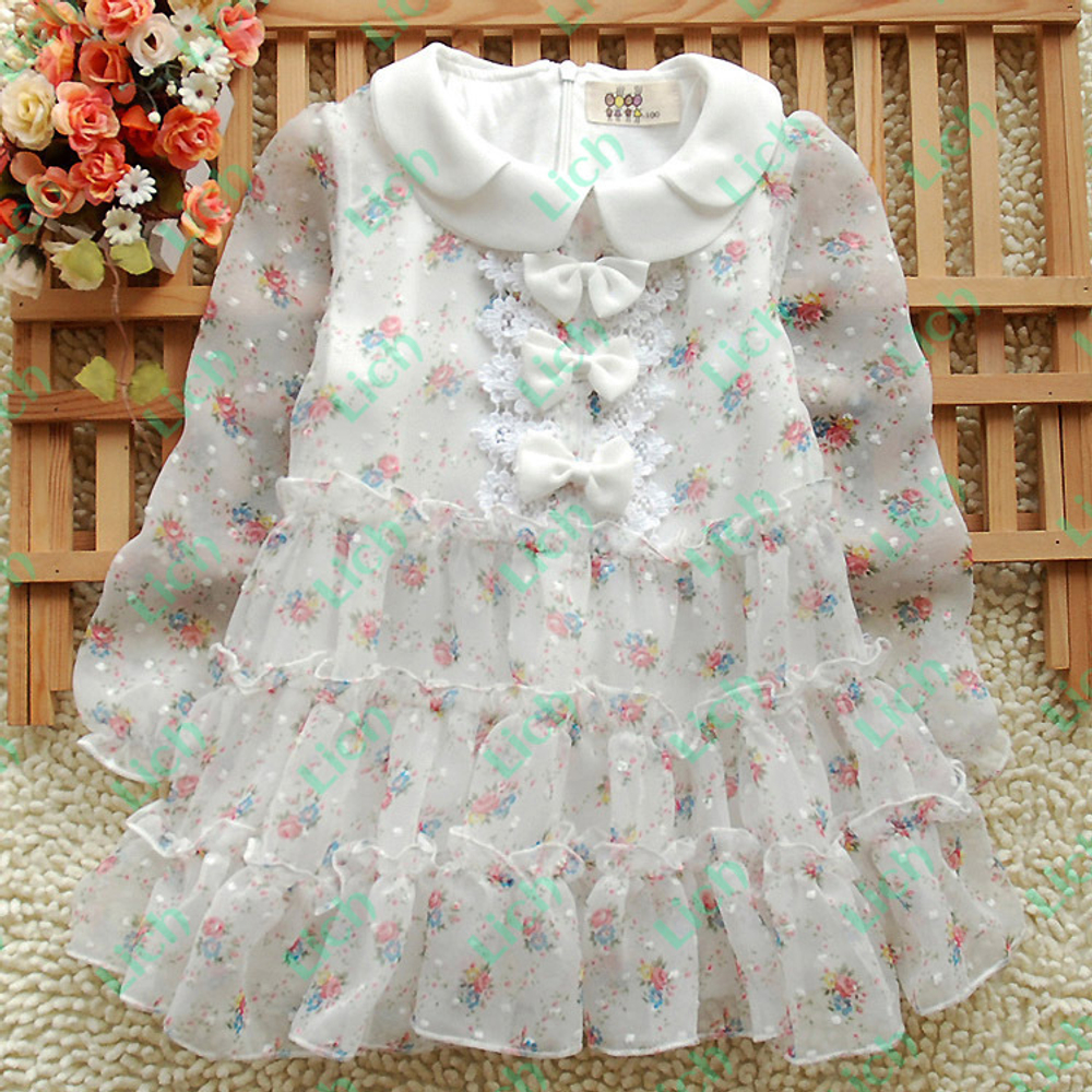 Платье с воланами, принтом цветов и бантами