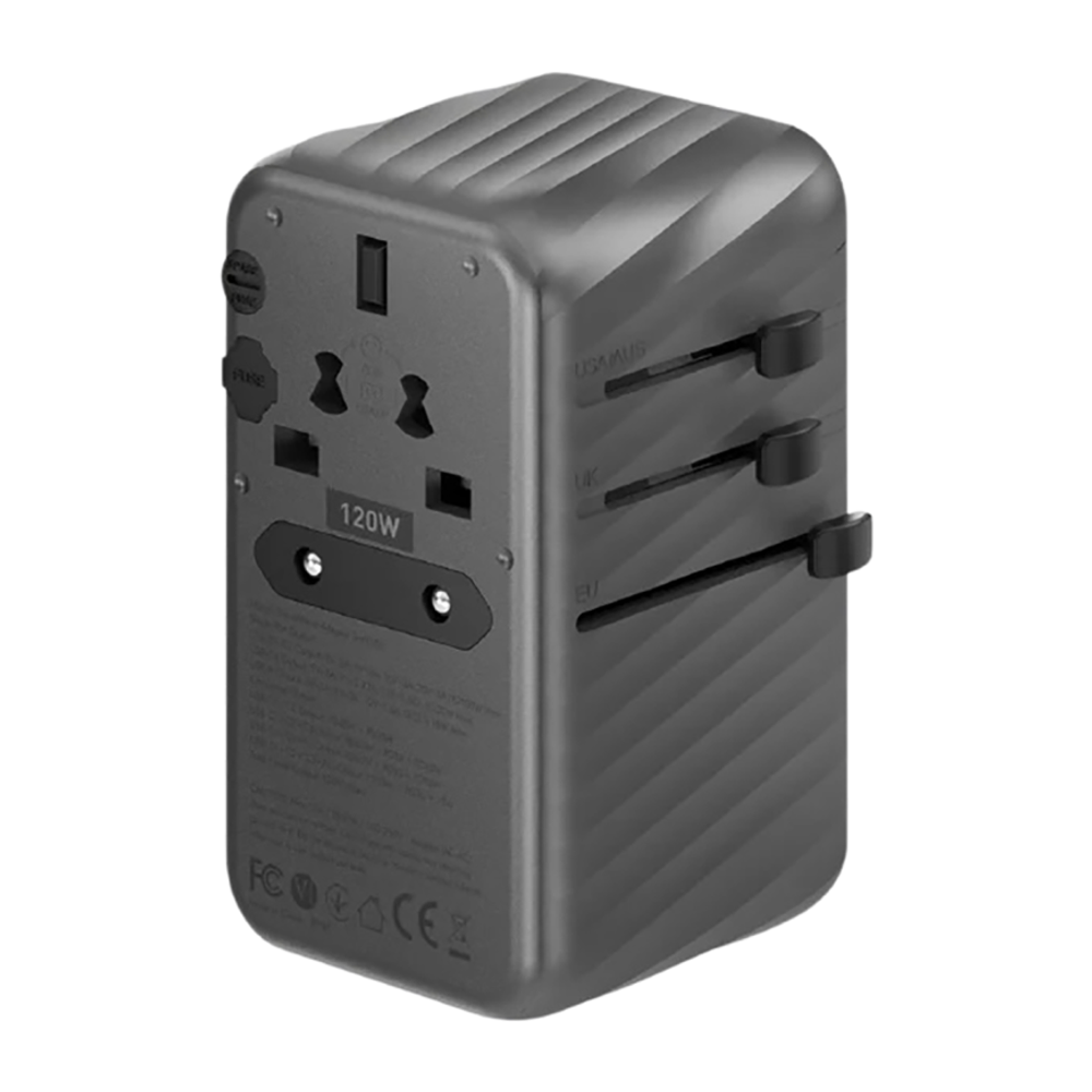 Универсальное сетевое зарядное устройство Energea TravelWorld Adapter GaN120 мощностью 120 Вт (1 розетка, 3 USB-C, USB-A) (GaN) L-образный туристический мощный адаптер питания. Есть LED-индикация, поддержка PD, QC 3.0 и PPS