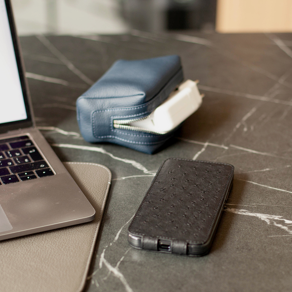 Чехол для iPhone 15 Pro Max из кожи страуса, черного цвета