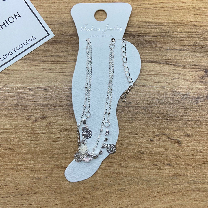 Браслет на ногу цепочка подвески Круг солнышко полоса страз металл серебристый