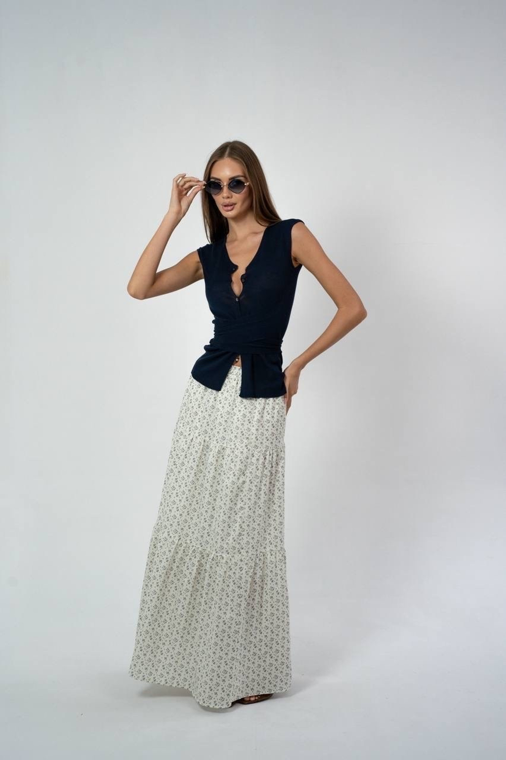 Юбка из хлопка ярусная в мелкий цветочек в макси длине