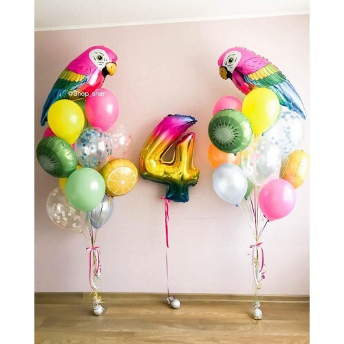 Композиция из шаров «Сочные Фрукты» на 4 года с попугайчиками