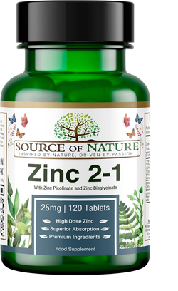 Source of Nature Zinc 2-1 25mg 120 tab , Цинк ( Пиколинат + Бисглицинат )