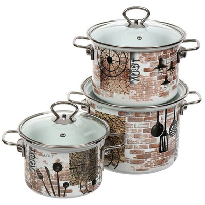 Набор эмалированной посуды 6 пр, кастрюли 2.4,3.4,5 л, Керчь, Лофт-5-1-Элит, бел