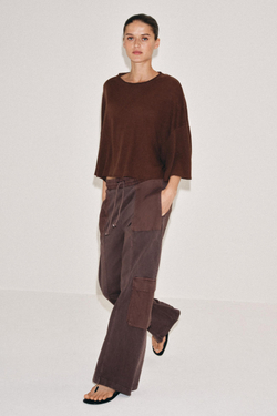 ZARA ФУТБОЛКА ИЗ ХЛОПКА И ЛЬНА, КОРИЧНЕВЫЙ