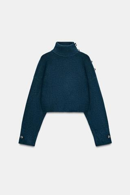 ZARA МЯГКИЙ ТРИКОТАЖНЫЙ СВИТЕР С ПУГОВИЦАМИ, СИНИЙ