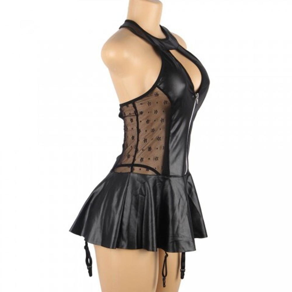 Кожаное платье со шнуровкой и юбкой-воланом Ohyeah +стринги, XL-2XL