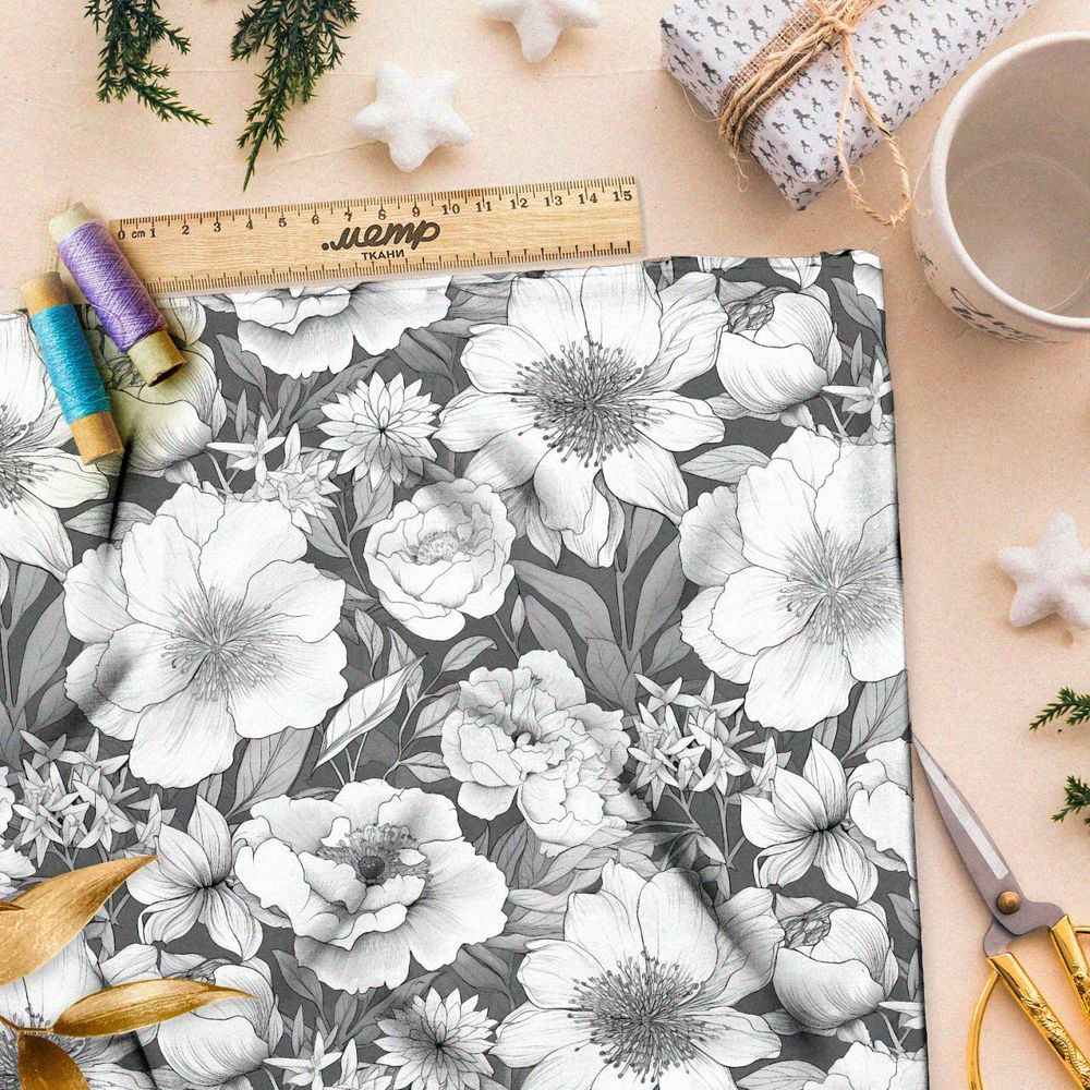 Ткань премиум сатин цветочный набросок