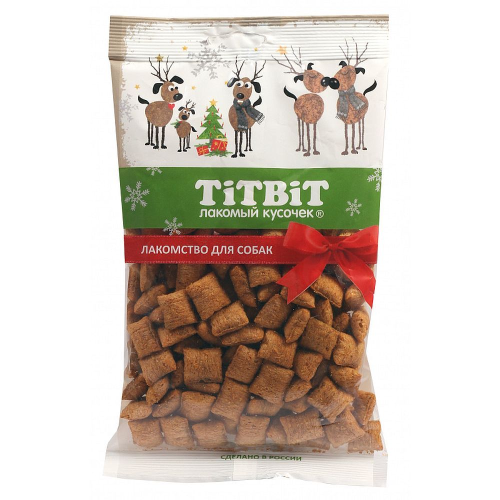 Лакомство для собак мелких пород TitBit Новогодняя коллекция Хрустящие подушечки с начинкой из индейки и шпината, пакет 95г