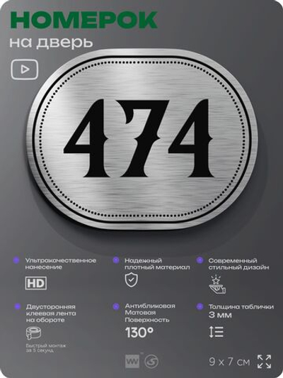 Номерок на дверь квартиры 474, для кабинета, офиса, шильдик 9 х 7 см, брашированная сталь, Айдентика Технолоджи